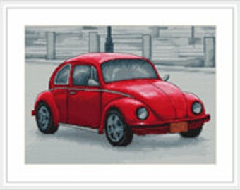 Retro Red VW Beetle - Cross Stitch Kit - 26.5cm x 19.5cm