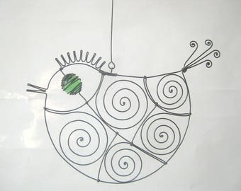 Bird Art Sculpture / Green - Eyed Wire Bird / Window Or Wall Hanging