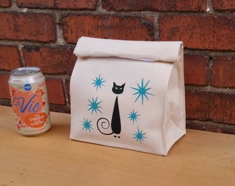 Black Cat, SMALL Mid Century, Reusable Lunch Bag, Eco Friendly Bag ,10'' Tall, 7" Wide, 4" Deep