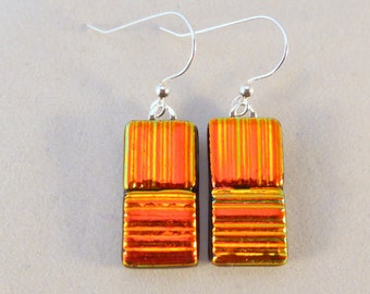 Orange Gold Dichroic Fused Glass Dangle Earrings, Fused Glass, Fused Glass Earrings, Glass Earrings, Dichroic Earrings, Orange, Dangle