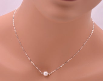 Floating Pearl Necklace, Sterling Silver Pearl Necklace, Minimalist Bridal Necklace, Single Pearl, Suspended Pearl Wedding Necklace 0084