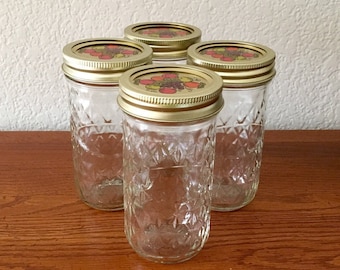 4 Ball Quilted Crystal Jelly Jars with Decorative Lids / Tall Jelly Jars / Jam Jars / 12 oz Canning Jars / Quilted Jelly Jars
