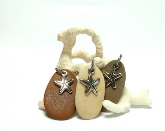 Genuine Drilled Beach Stone Pendants STAR STUDDED Lake Stone Upcycled Top Drilled Pebbles River Rocks Silvertone Starfish Charms
