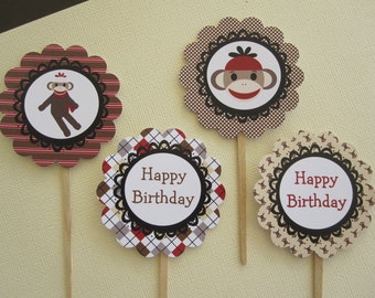 Red & Tan Sock Monkey Cupcake Toppers