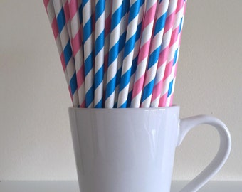 Pink and Blue Striped Paper Straws Gender Reveal Baby Shower Party Supplies Party Decor Bar Cart Cake Pop Sticks Graduation