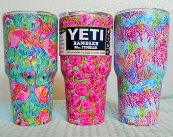 SALE! 33.00/ 30 Oz Tumbler/ FLAMINGO Or ROSES Pattern/Custom Wrap Stainless Steel Rambler Mug/New In Box/No Sweat Design/Keeps Ice Hrs.!