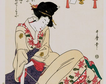 Japanese Ukiyo-e Woodblock print, Utamaro, "iroha"