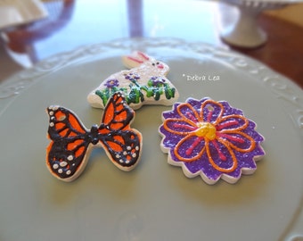 FAKE COOKIE Set of 3 Handmade Fake Cookie Faux Spring Easter Sugar Cookie Set Bunny Flower Monarch Butterfly