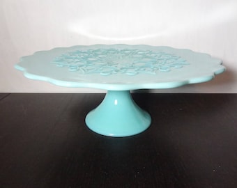 Vintage Fenton Spanish Lace Blue/Turquoise Milk Glass Pedestal Cake Stand - Wedding/Shower Cake Stand