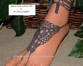 Pewter ~ Barefoot Sandals ~ Yoga Anklet Jewelry ~ Boho Hippie Legwear ~ Womens Footwear ~ Gray Crochet Beachwear ~ Beach Ankle Bracelet