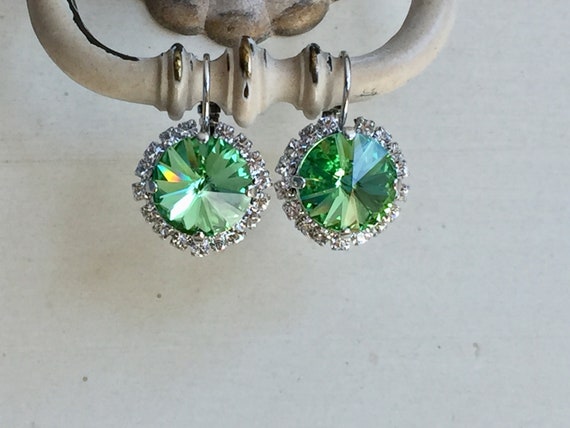 Peridot Swarovski Crystal Halo Earrings, Silver