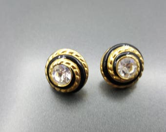 Swarvoski Sparkling crystal Pierced earrings Black enamel with gold Dazzling