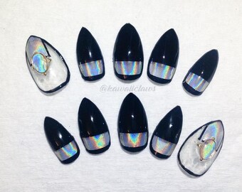Black & Holographic Color Block Holo Gel Nail Art Press on false fake nails