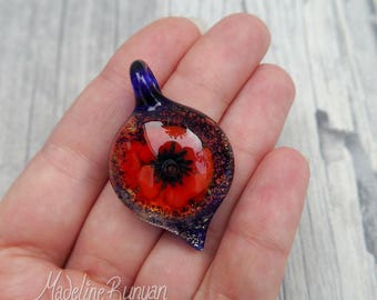 Everlasting Red Poppy Pendant, unusual gift, collectible glass art, lampwork, flower, implosion