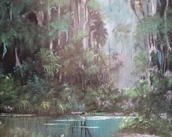 Original Painting Florida Landscape Art Tropical Oil Painting Palm Tree painting Impressionism Misty Moonlight Creek 16x20 by Oscar Whirls