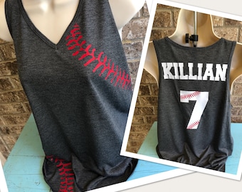 Baseball Mom Tank- DISTRESSED laces V neck Tank with name and number on back - lightweight, perfect for baseball Mom, Baseball girlfriend