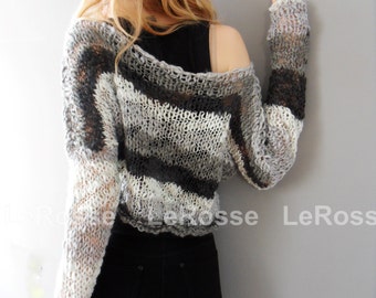 Multicolor cropped knit top. Loose knit crop sweater. Women knit crop sweater.