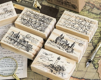 Vintage city map wood stamp/ Vintage wooden rubber stamps for scrapbooking/ stationery scrapbook/ Mail art stamps/ Traveling journal stamp