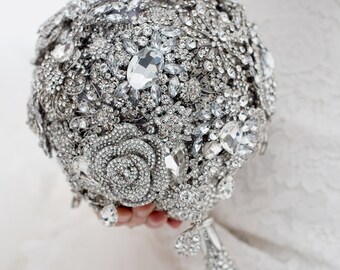 Custom Silver Brooch Bouquet - Crystal Brooch Bouquet, Bridal Bouquet, Wedding Bouquet, Jeweled Bouquet - 8 inch Crystal Bouquet