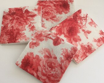 Set of 2 Marble Coasters~Red Rose/Floral coasters/Floral gift idea/Floral decor/Floral tile art/Red Rose decor/Rose drink Coasters