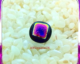 Dichroic Glass Tie Tack Stud or Lapel Pin Brooch - Small Round Shape - Shimmering Square in a Circle - Silver Fitting