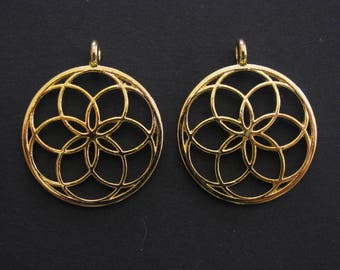 Seed of Life Round Pendant, Gold Plated, Zinc Based Alloy, 3.5cm X 3cm, Set of 2 (C103)