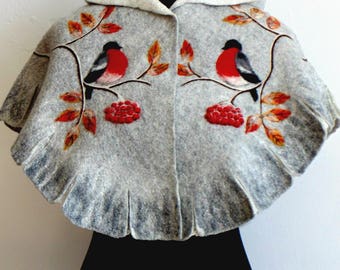 Poncho felt, size for the girl is 6-10 years, caplet, jacket felt, bird,rowan - Ready to ship.
