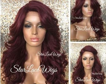 Long Curly Burgundy Lace Front Wig - Layers - Heat Resistant Safe - Red Wig