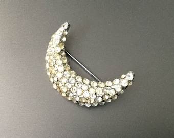 Art Deco Crescent Moon Pavé Rhinestone Brooch - Vintage Brooch