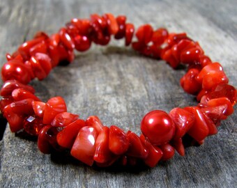 Red Bracelet, Red Coral Bracelet, Gemstone Chips Bracelet, Stretch Bracelet, Elastic Bracelet, Gift for Women, Gift for Her, Stone Jewelry
