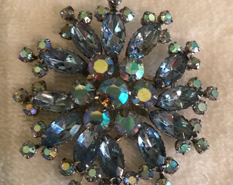 Beautiful Large Blue AB Rhinestone Brooch prong set