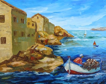 Painting, painting, painting sea painting ocean painting ocean painting knife, the side of the fisherman