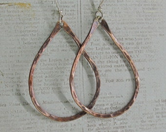 Antiqued Copper Hoop Earrings Hammered in Teardrop Shape