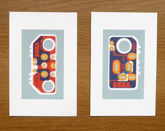 Sega Megadrive (Genesis) mini screen prints blue, red and gold art silkscreen circuit portrait retro console