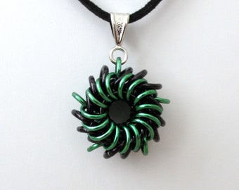 Green & black Whirlybird chainmail pendant necklace