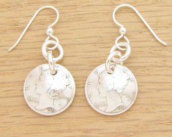 For 90th: 1928 US Mercury Dime Earrings 90th Birthday Gift Coin Jewelry