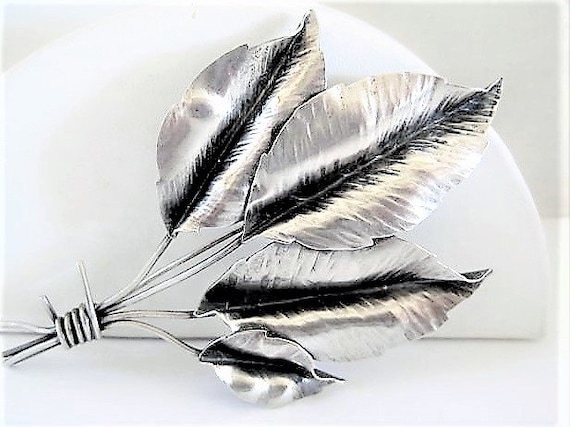 Sterling Leaf Brooch, Large Banana Leaves, Tropical Pin, Signed Sterling, Vintage Leaf Brooch