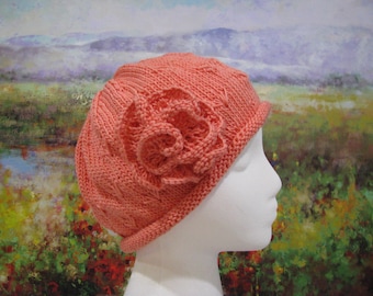 Women's Chemo Hat ' Mary', Cotton Knitted Hat, with knitted flower trim.