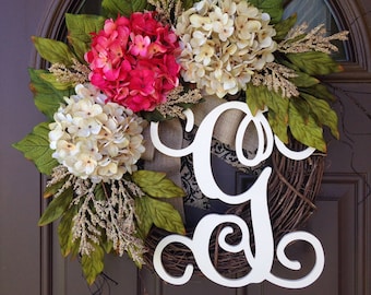 Wreath -Summer Wreath for Front Door - Outdoor Hydrangea Wreath with Burlap -Pink and Cream Hydrangea Wreath with Monogram -Grapevine Wreath