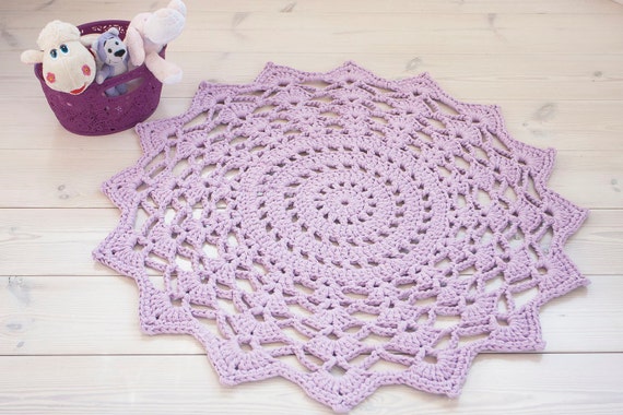 Round lilac crochet cotton doily rug 39''/100 cm