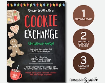 Instant Download Cookie Exchange Invitation, Bakery Birthday Party, Christmas Printable Invitation, Edit Yourself!