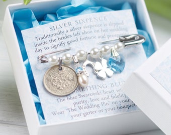 Bridal Pin, Wedding Pin, Bride Gift, Sterling Silver Wedding Pin, Bridal Shower, Silver Sixpence, Something Blue, Sixpence Gift for Bride