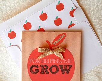 Apple Teacher Appreciation Card . Thanks For Helping Me Grow Card . Teacher Card . Teacher Gift . Card for Teacher . End of School Card
