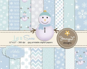 50% OFF Winter Digital Papers, Snow Digital Papers, Snowman Clipart, Snowflakes Digital Paper, Frosty, Frozen, Flurries, Light Green, Light