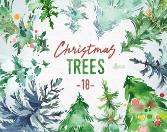 Christmas Trees. 18 Watercolor holiday clipart, conifers, decorations, handpainted, floral, forest, invite, holly, merry, green, greetings