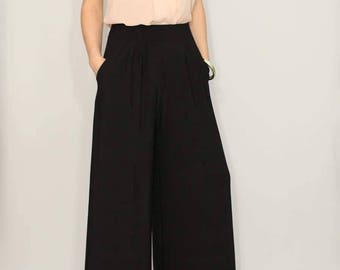 Wide leg pants women Black pants with pockets Office wear High waisted pants women trousers