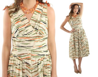 1950s Party Dress Full Skirt Tiger Striped Cotton Vintage 1950s Medium M Rockabilly Pinup Ivory