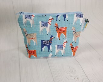 Llama on Blue Zipper Notions Pouch, Mini Zippered Wedge Bag, Craft Pouch NP0055