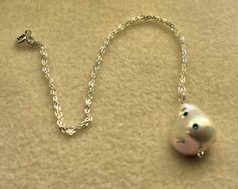 Sterling Silver necklace with A++ large Baroque Pearl with Swarovski crystals