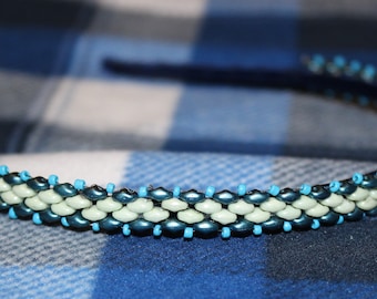 Beaded Headband-White and Teal with Light Blue accent